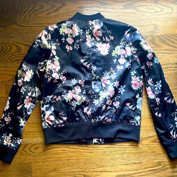 Black Athleisure Track Jacket with Pink Flowers - Picture 2 of 5